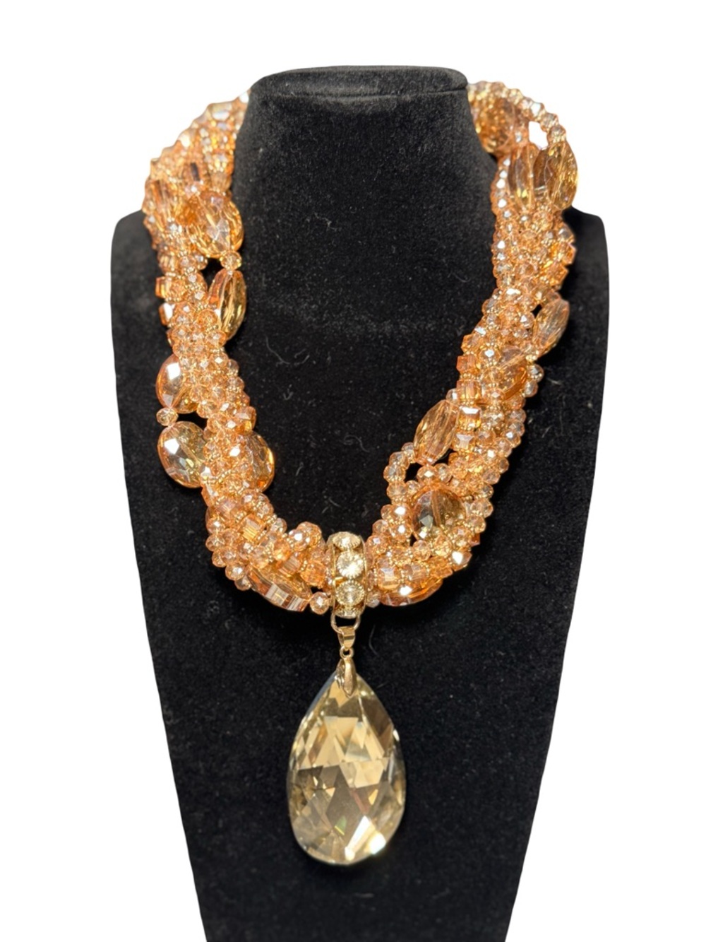Gold Crystal Braided Statement Necklace with Teardrop Pendant
